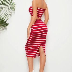 Striped bandeau crop top and midi split skirt set